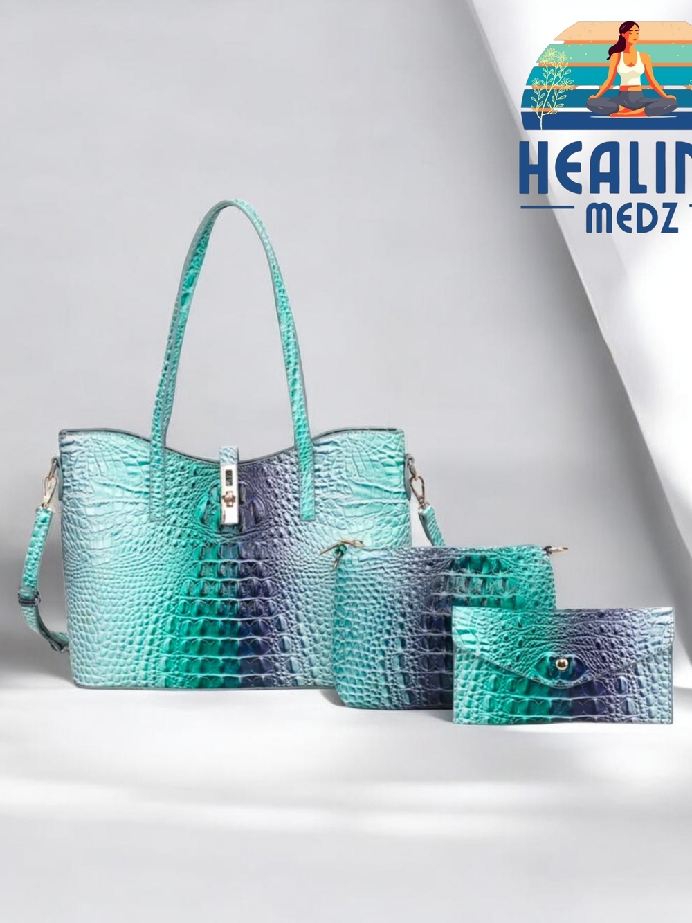 Women's Set of 3 Vibrant Crocodile Design Spacious Faux Leather Tote Bag